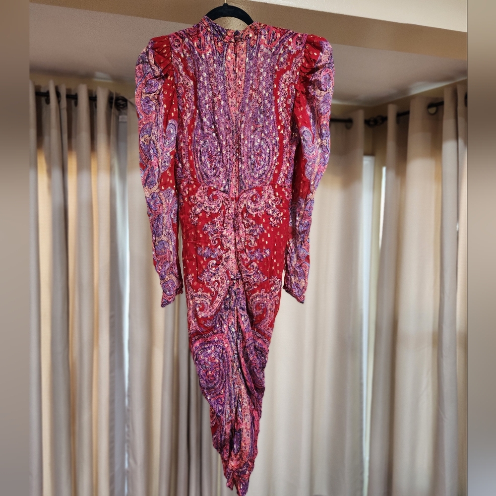 Rococo Sand Nott Printed Metallic Plunge Mini Dress Puff Sleeve - Picture 4 of 10